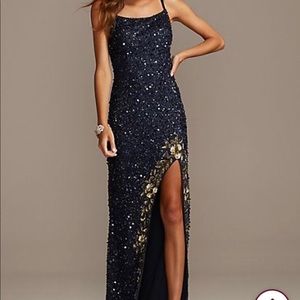 Navy blue shimmery dress with gold floral slit